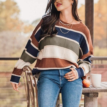 Contrast Color Sweater Female Casual Temperament Wild Long Sleeve Pullover Top