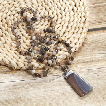 Bohemian Style Natural Semi-precious Stone Mixed Glass Square Agate Pendant Women's Sweater Chain