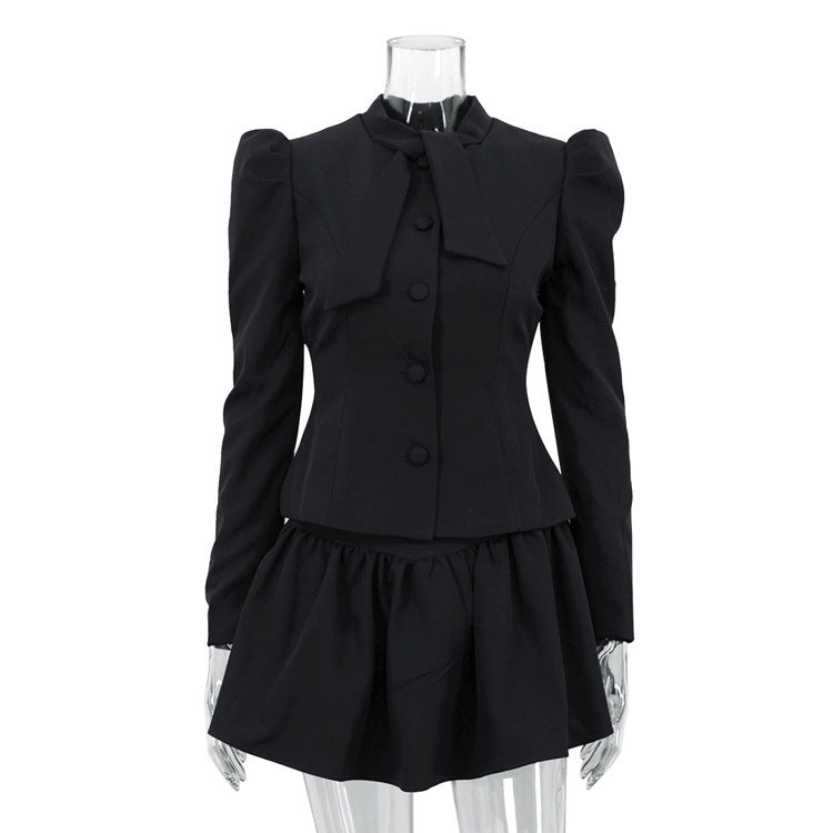 Bow Tie Long Sleeve Suit Top Skirt Two-piece Set