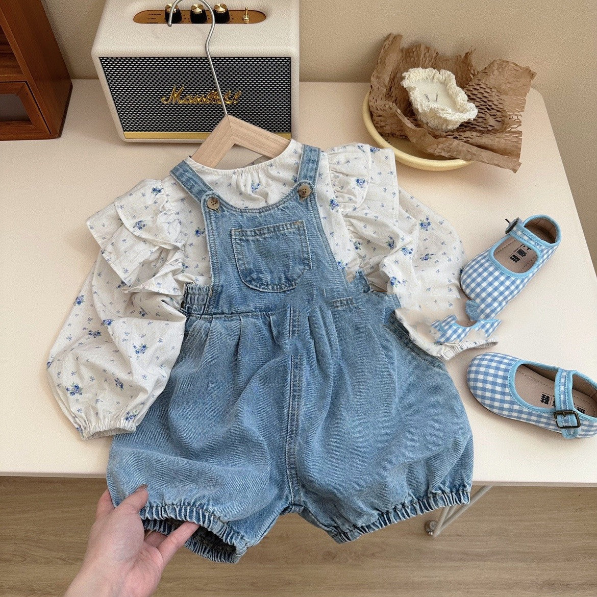 Children's Clothing Girls' Denim Brace Shorts Long-sleeved Floral Shirt