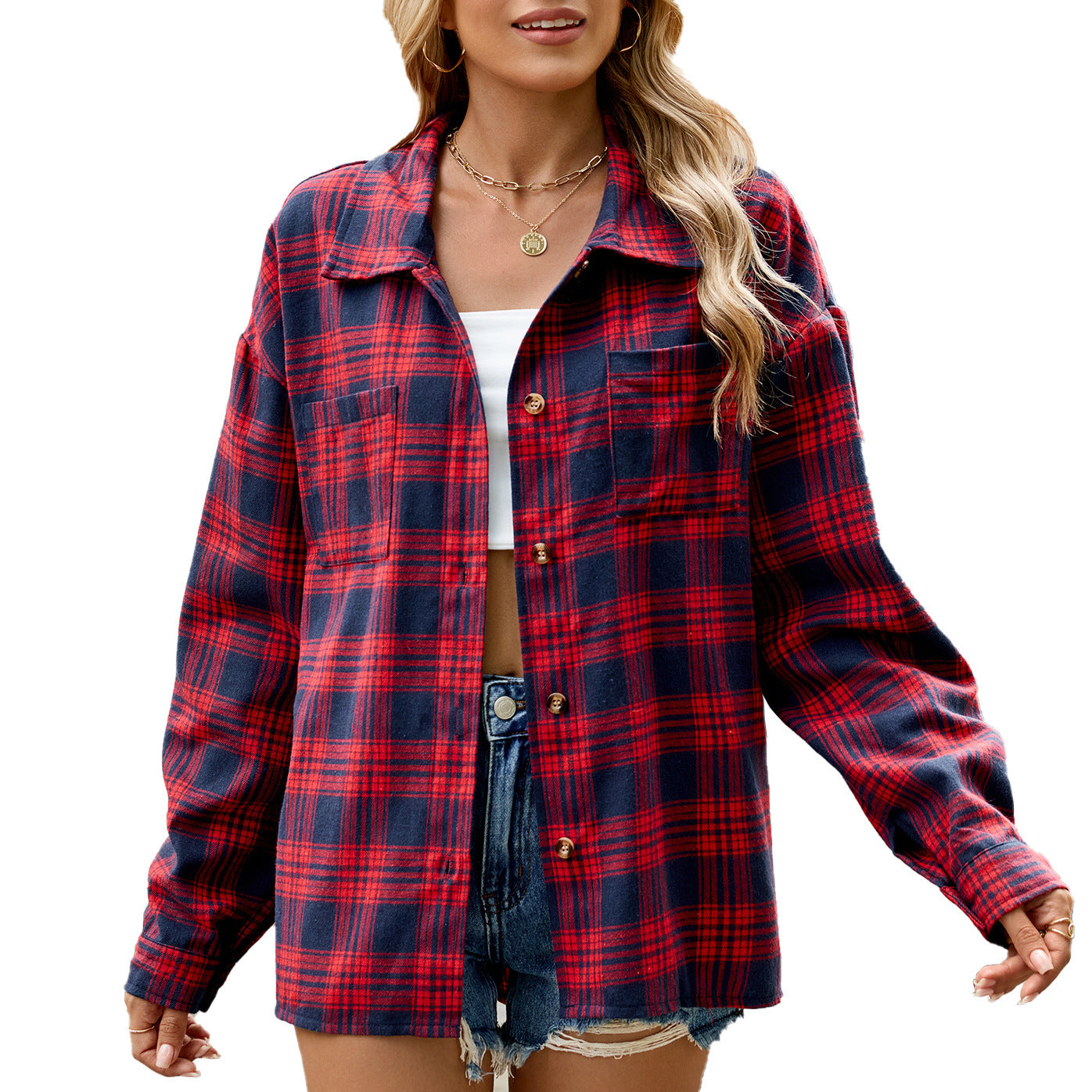 Wool Striped Long Sleeve Style Shirt Coat Women