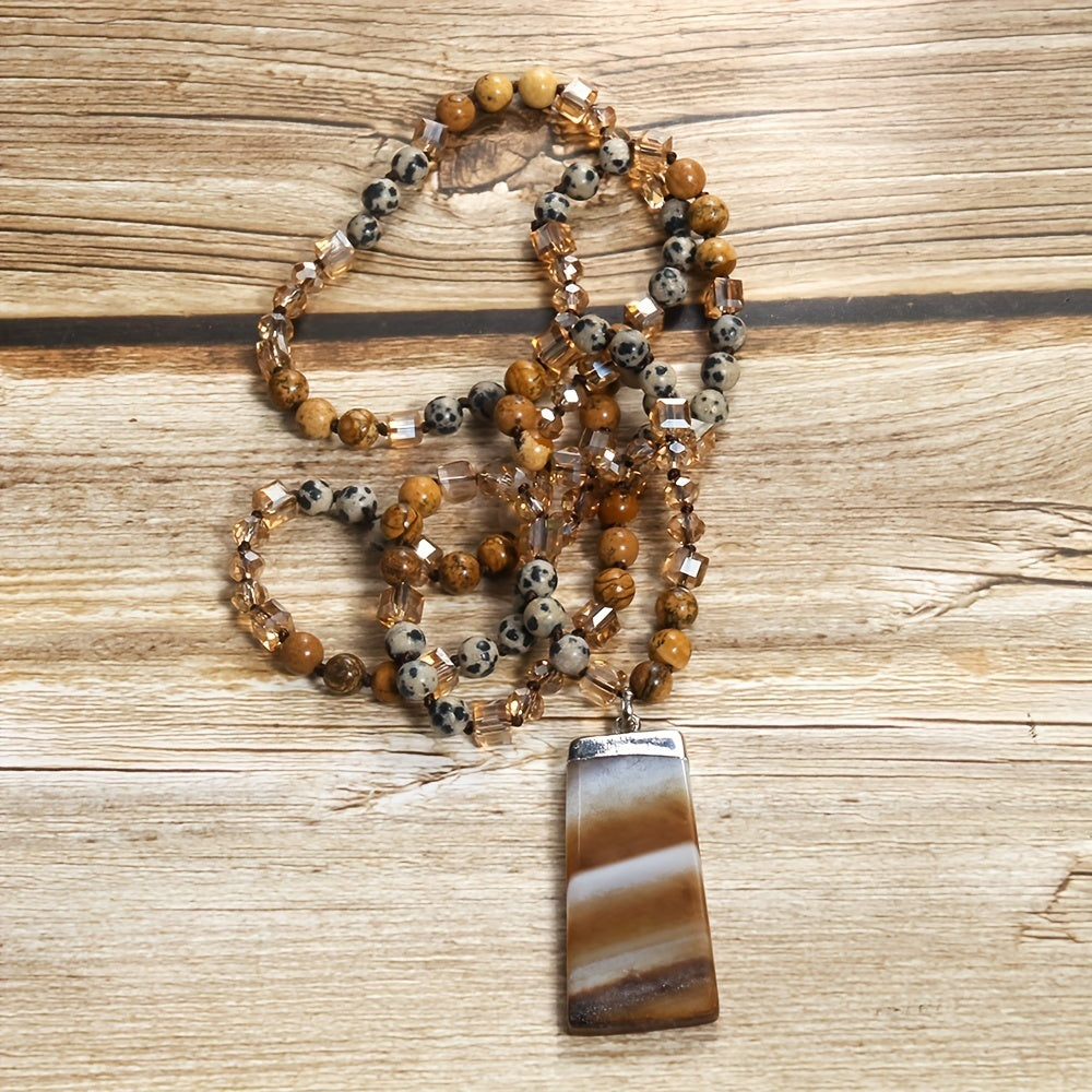 Bohemian Style Natural Semi-precious Stone Mixed Glass Square Agate Pendant Women's Sweater Chain