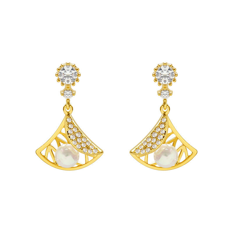 Sterling Silver Needle Pearl Diamond Studded Hollow Scallop Earrings All-matching Graceful