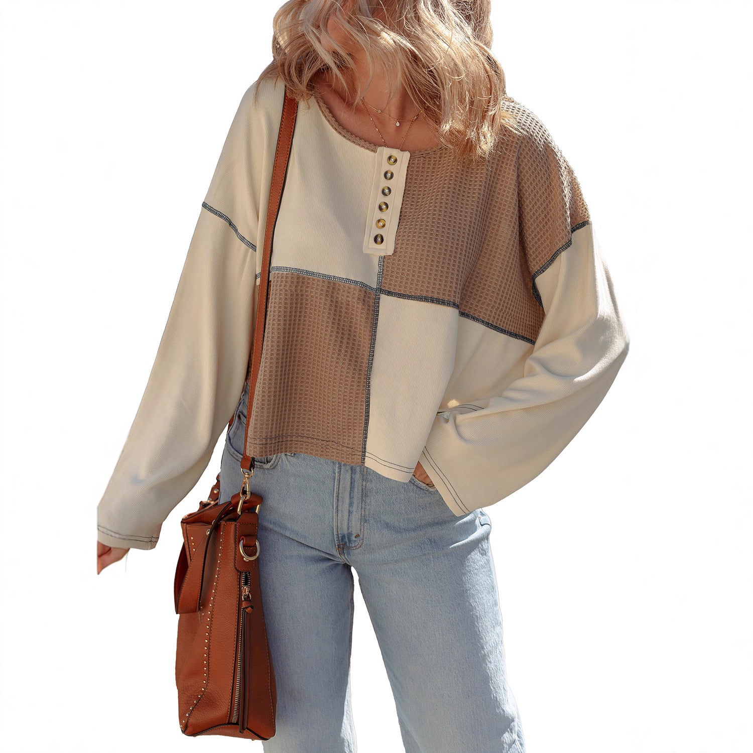 Women's Round Neck Pullover Loose Sweater Patchwork Top
