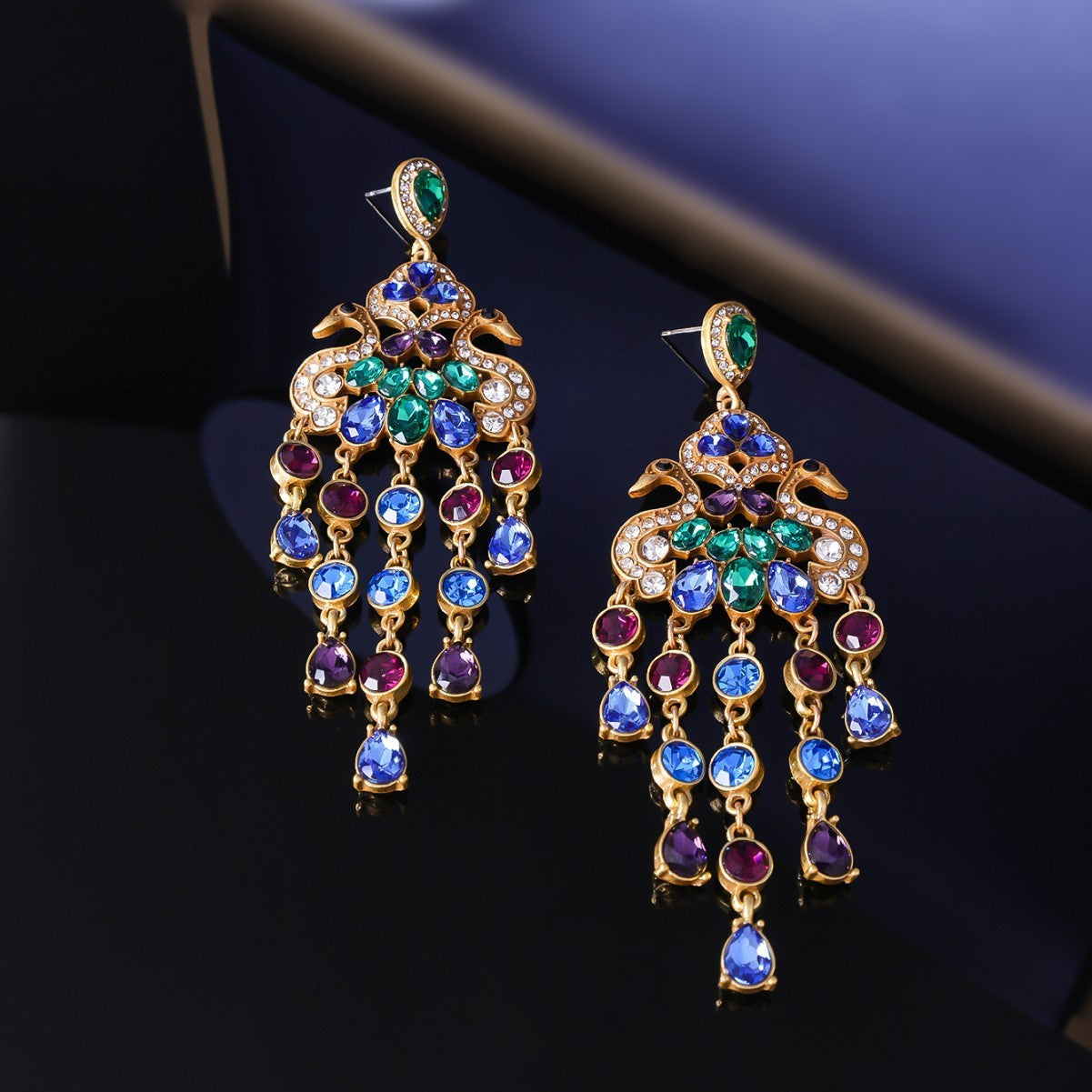 Retro Affordable Luxury Peacock Stud Earrings Diamond Colored Glass Tassel Jewelry