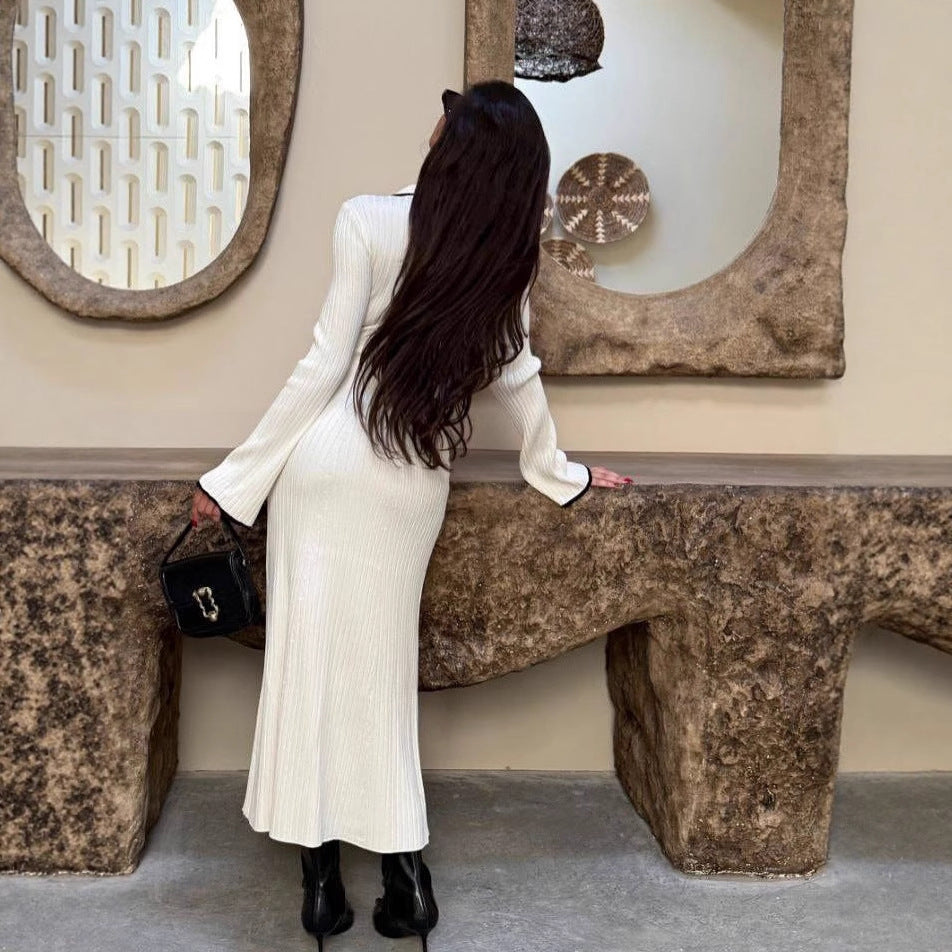 Women's Long-sleeved Lapel Contrast Color Knitted Fallwinter Sweater Dress