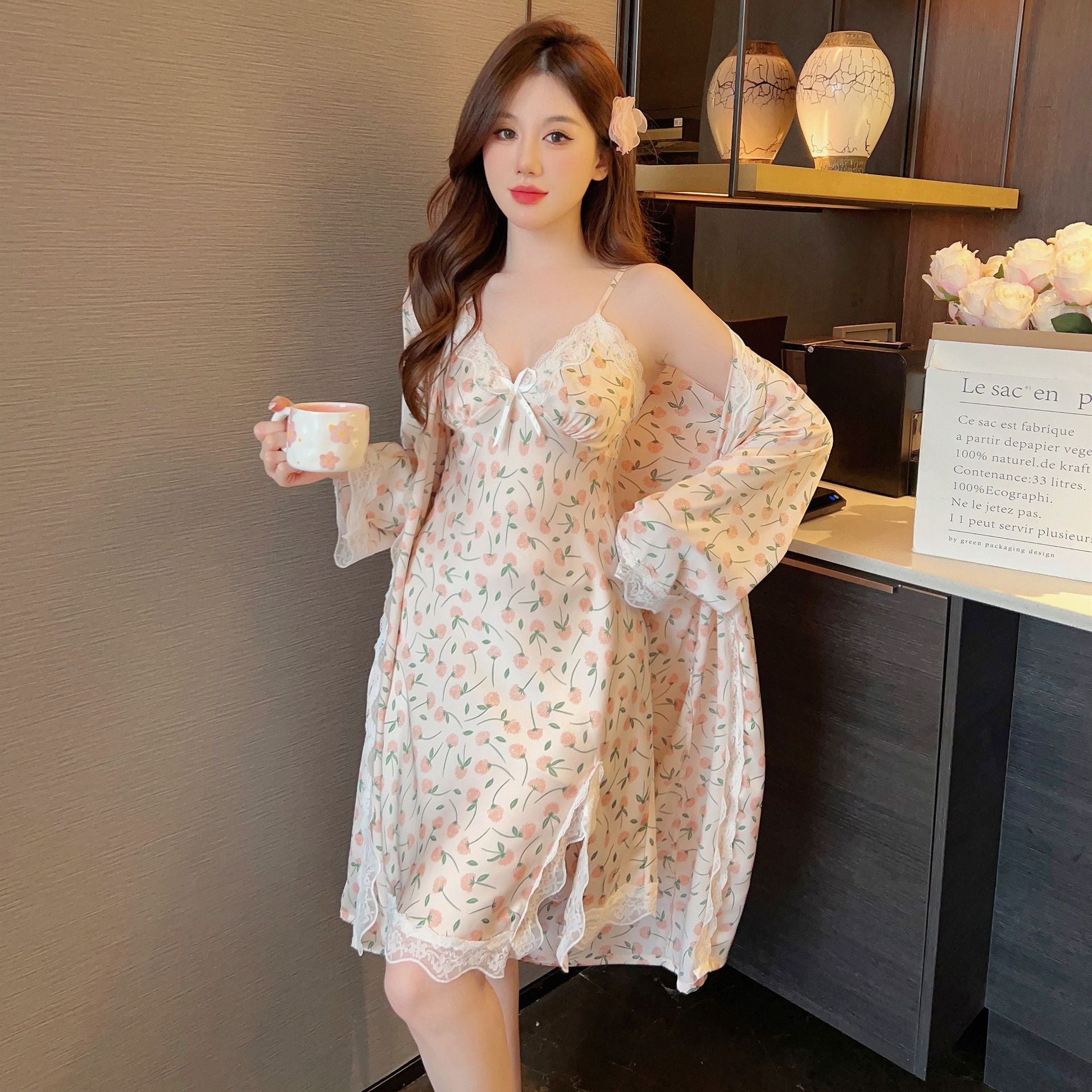 Women's Ice Silk Pajamas With Chest Pad Thin Robe Nightdress Two-piece Suit