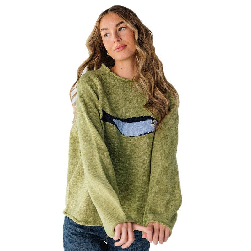 Lazy Fashion Round Neck Small Fish Pattern Knitted Sweater