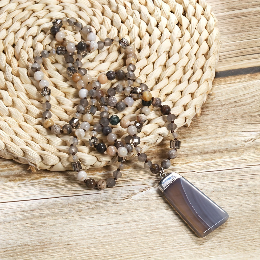 Bohemian Style Natural Semi-precious Stone Mixed Glass Square Agate Pendant Women's Sweater Chain