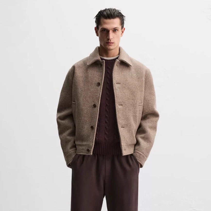 Men's Loose Wool Woven Lapel Long Sleeve Casual Jacket Coat