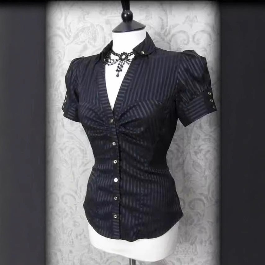 Graceful Collar Lapel Pleated Single-breasted Slim Fitted Waist Striped Solid Color Shirt