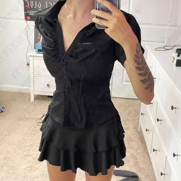 Graceful Collar Lapel Pleated Single-breasted Slim Fitted Waist Striped Solid Color Shirt