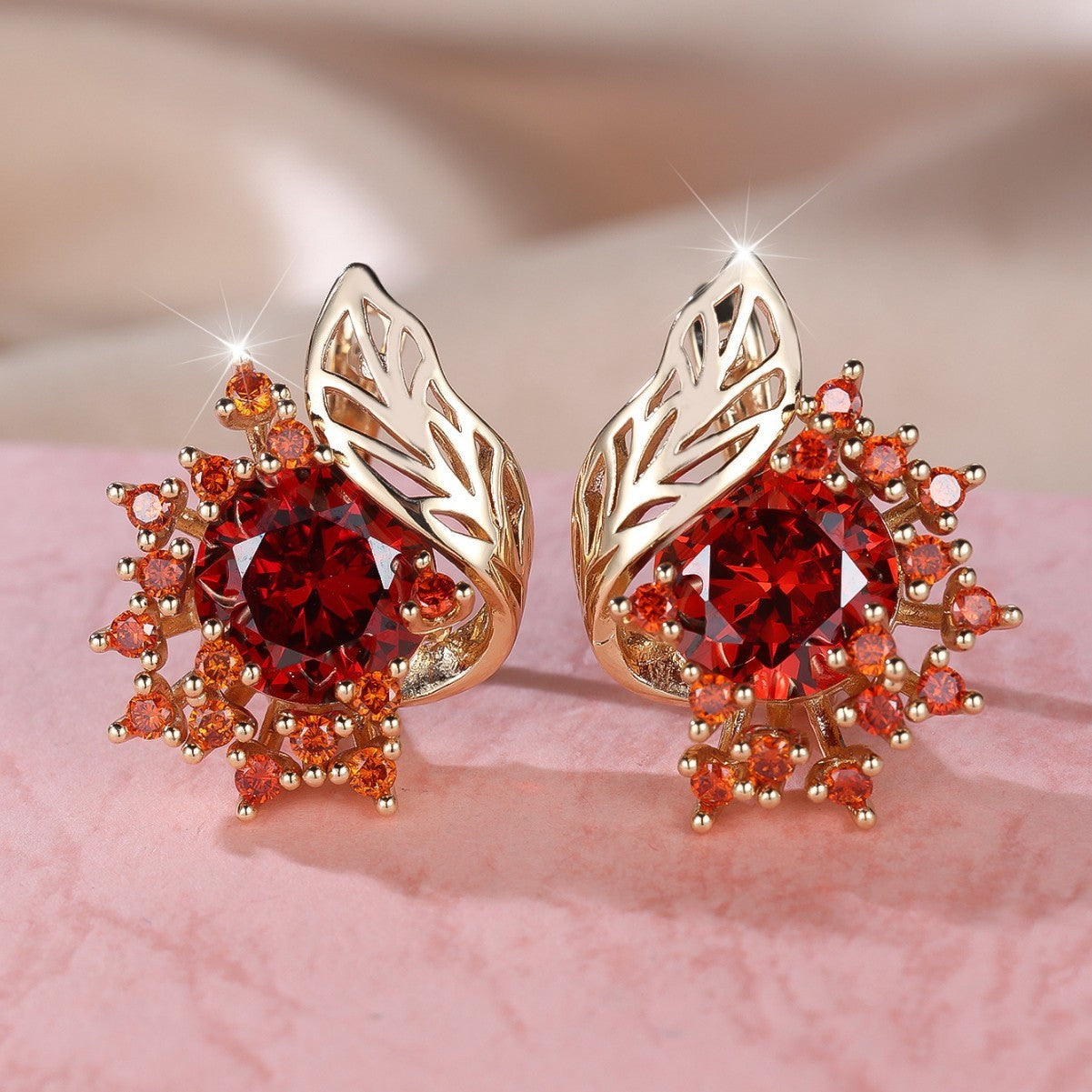 Round Flowers Feather Zircon Earrings Female Personality Fashion High Sense
