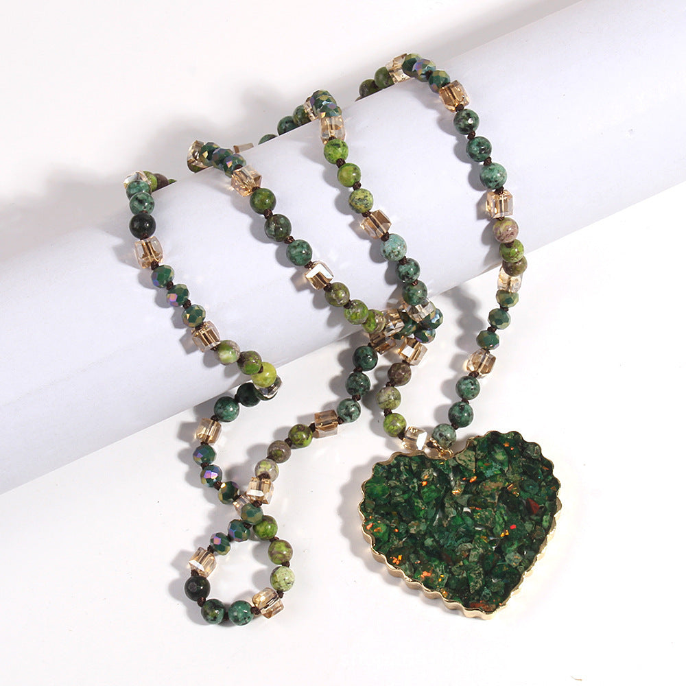 Glass Necklace Gravel Heart Pendant Sweater Chain
