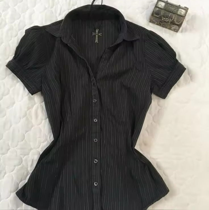 Graceful Collar Lapel Pleated Single-breasted Slim Fitted Waist Striped Solid Color Shirt