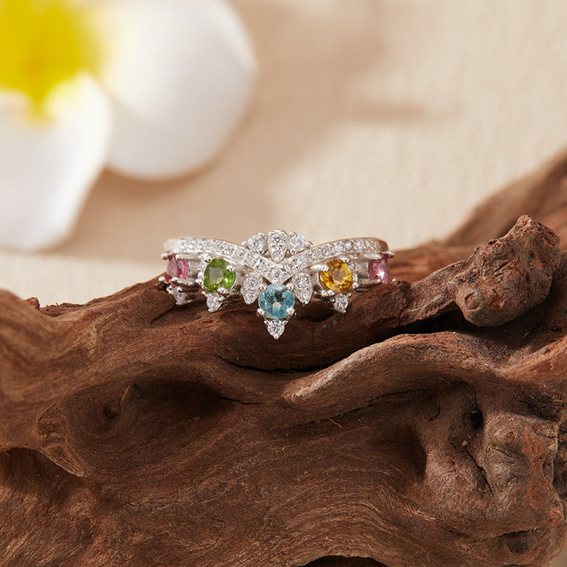S925 Sterling Silver Crown Rainbow Tourmaline Ring