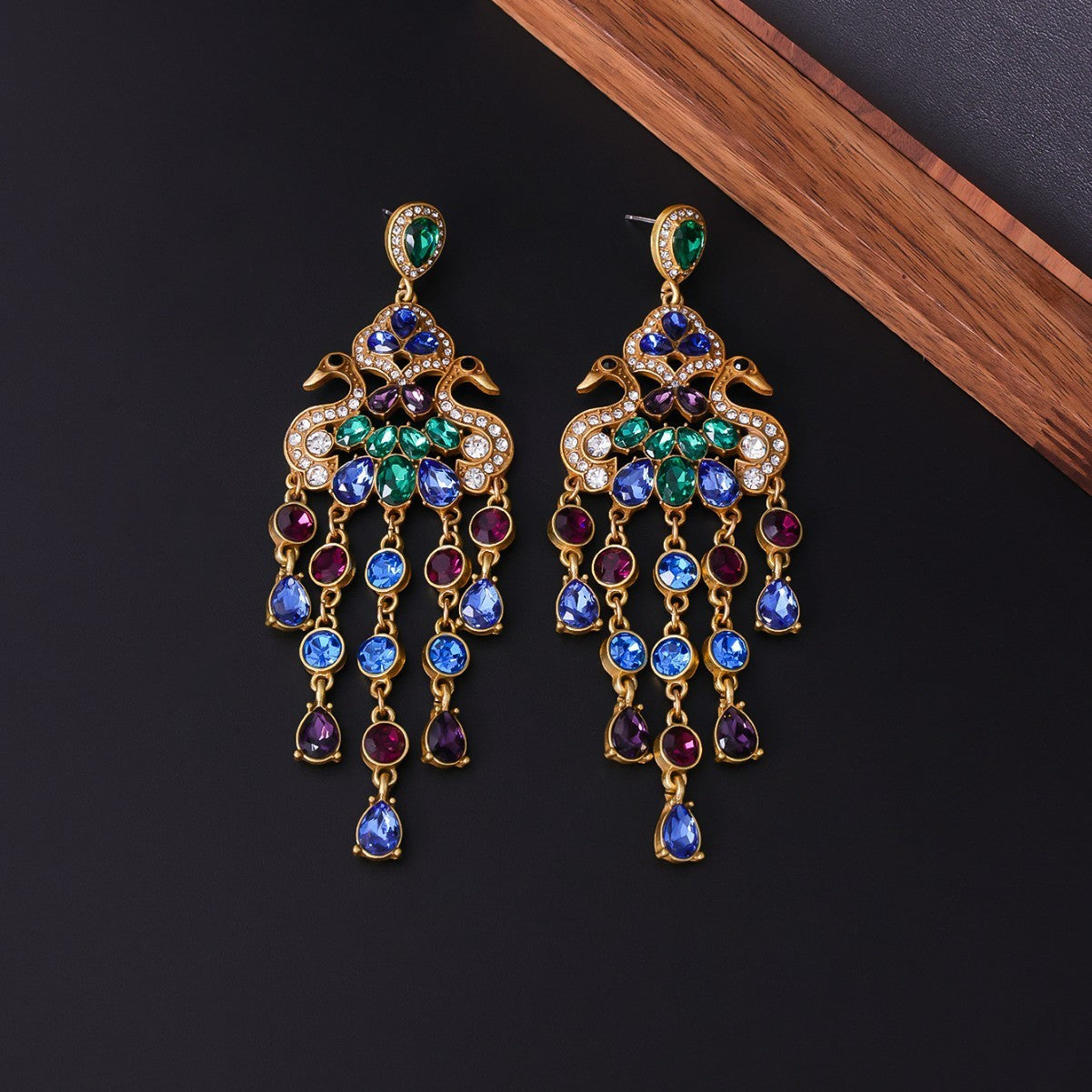 Retro Affordable Luxury Peacock Stud Earrings Diamond Colored Glass Tassel Jewelry