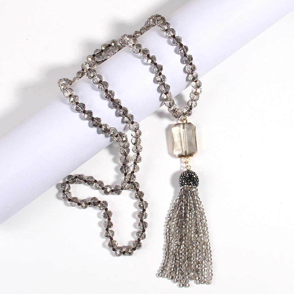 Crystal Glass Necklace Square Glass With Glass Tassel Necklace Sweater Chain