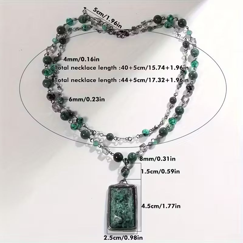 Natural Stone Glass Curved Needle Gun Black Chain 2-layer Necklace Square Cut Stone