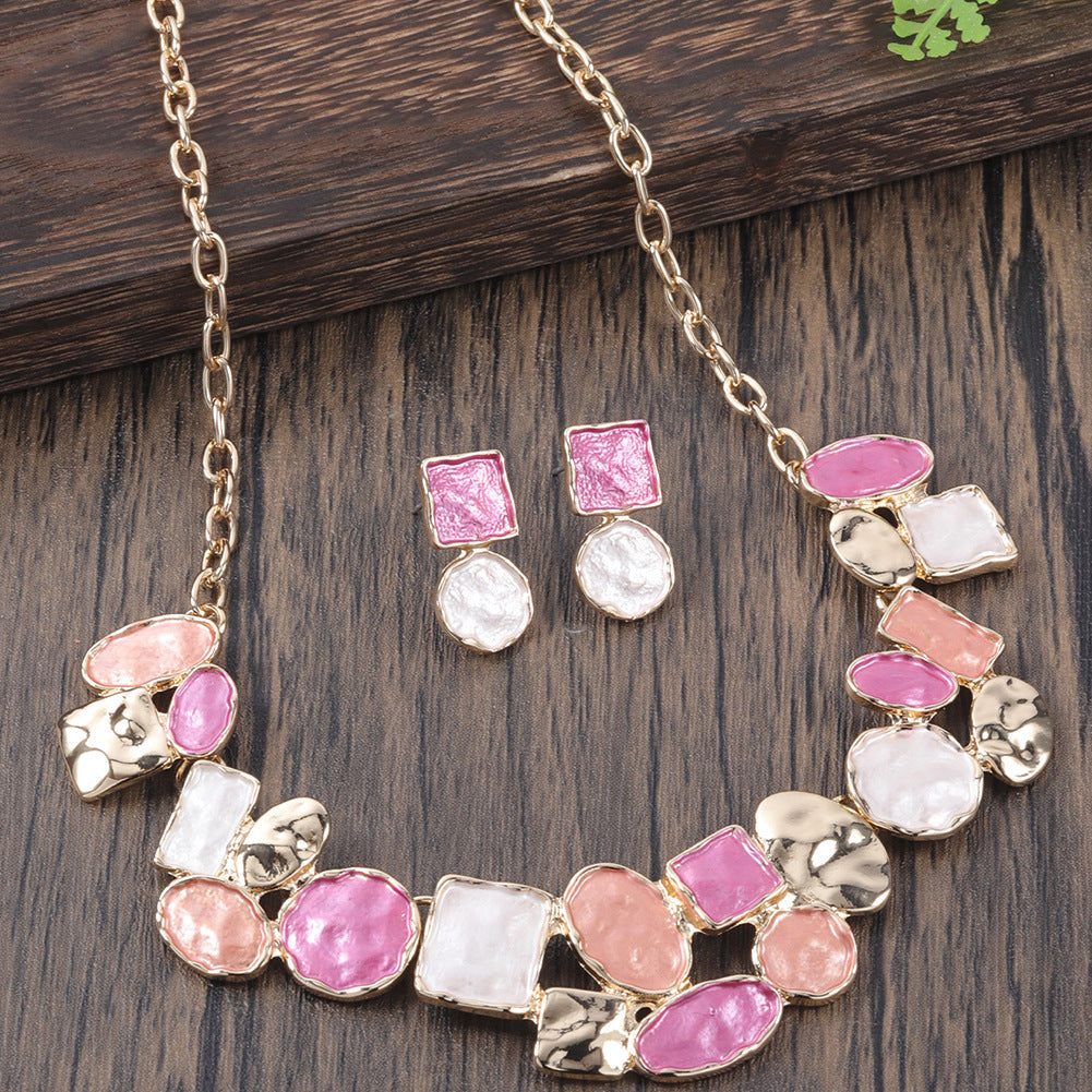 Oil Dripping Enamel Color Zinc Alloy Irregular Geometry Advanced Elegant Wild Earrings Necklace Two-piece Set