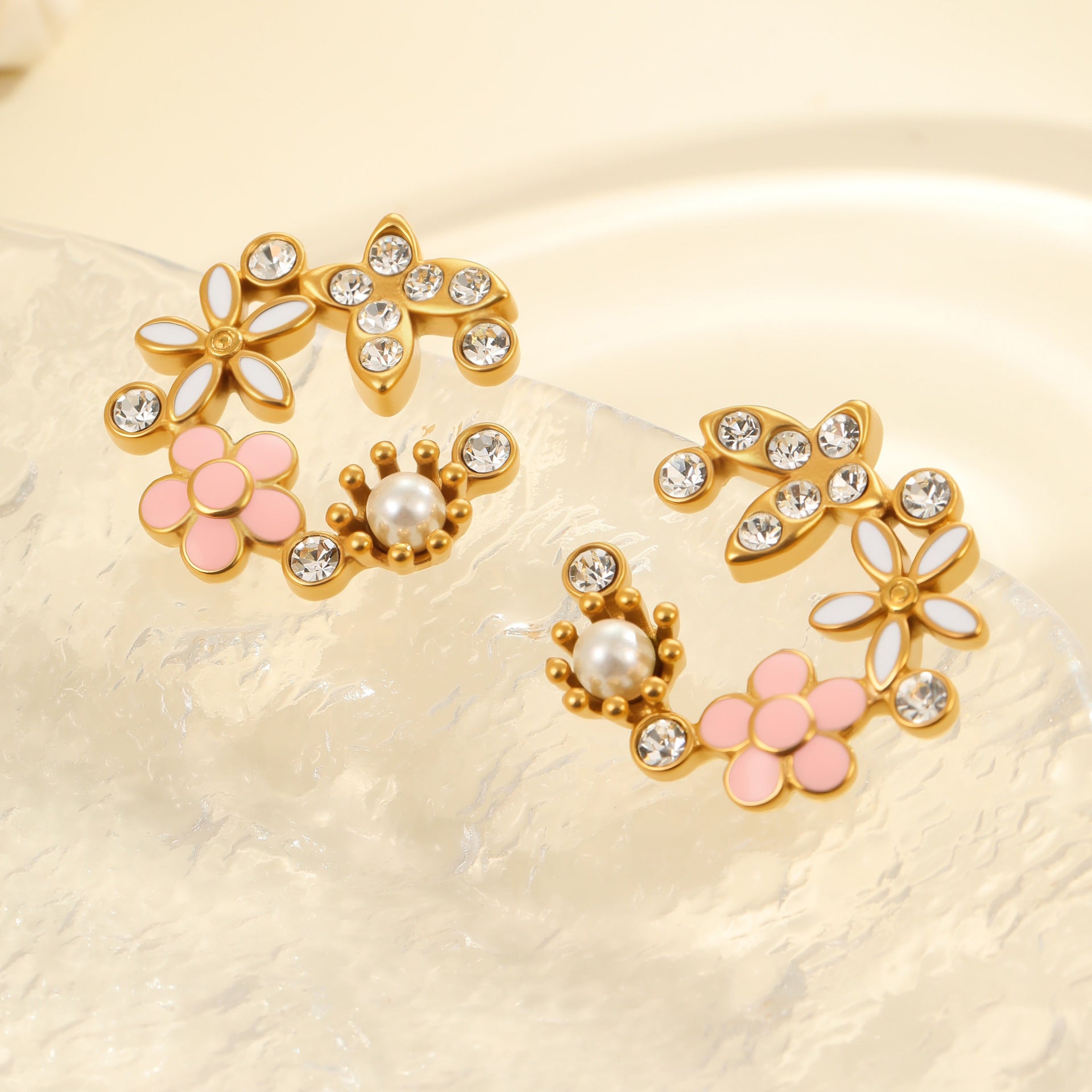 Diamond Colorful Oil Necklace Petal Stud Earrings