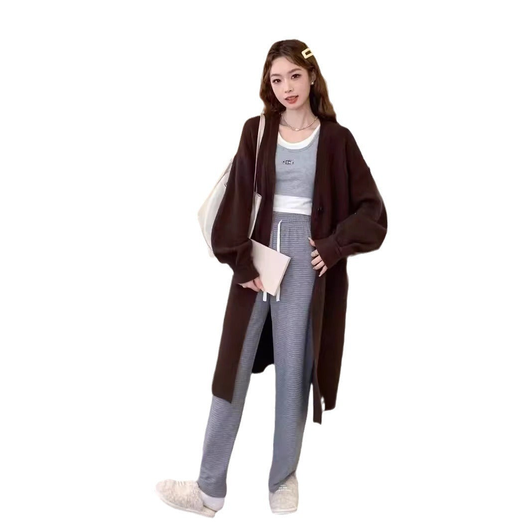 Button Solid Color Long Knitted Cardigan Sweater Coat