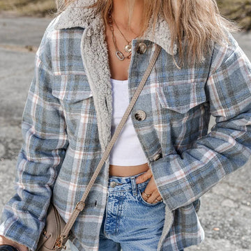 Sky Blue Stripe Sherpa Collar Cuffs Patchwork Plaid Shirt Jacket With Chest Pocket