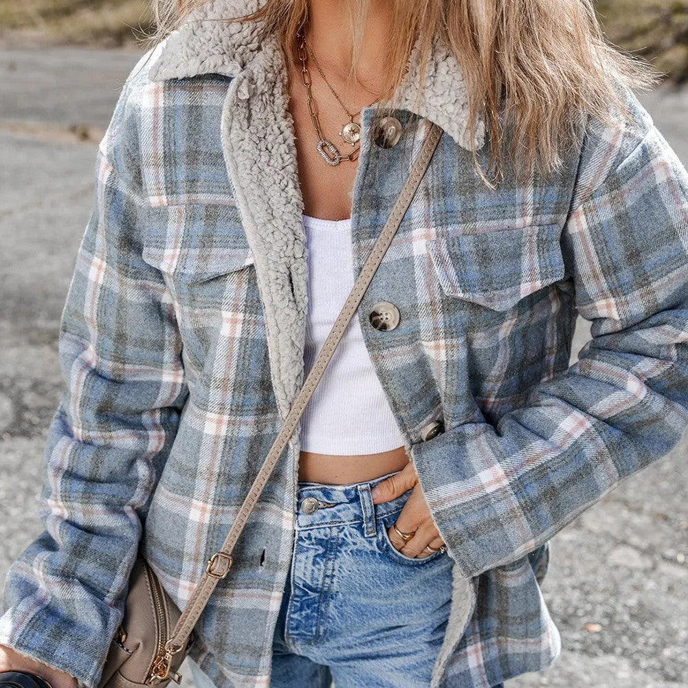 Sky Blue Stripe Sherpa Collar Cuffs Patchwork Plaid Shirt Jacket With Chest Pocket