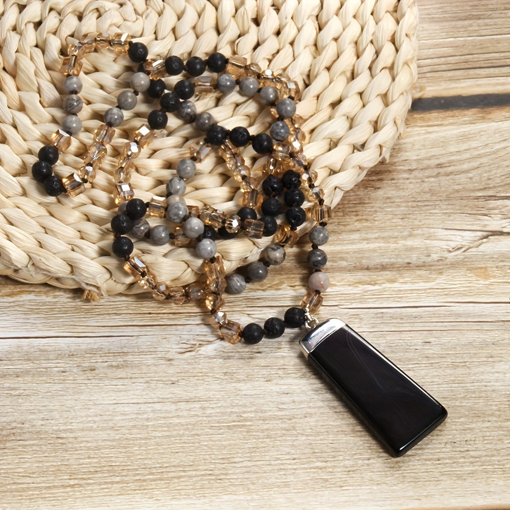 Bohemian Style Natural Semi-precious Stone Mixed Glass Square Agate Pendant Women's Sweater Chain