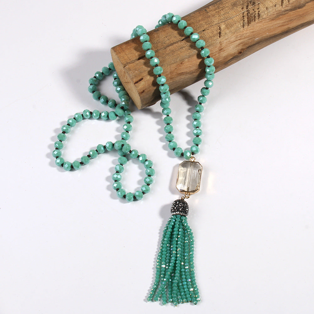 Crystal Glass Necklace Square Glass With Glass Tassel Necklace Sweater Chain