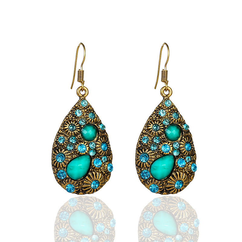 Water Drop Gem Diamond Ancient Ethnic Style Earrings Female Blue Black