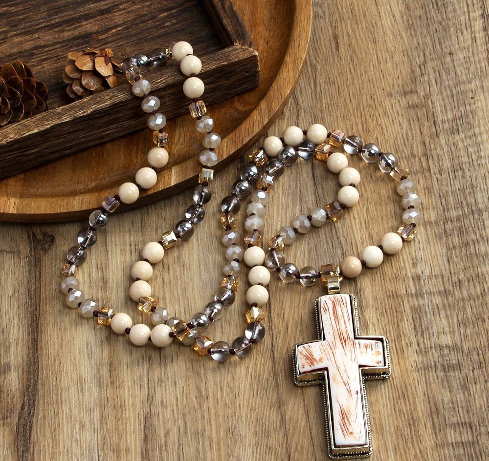 Glass Knotted Resin Cross Pendant Necklace Sweater Chain