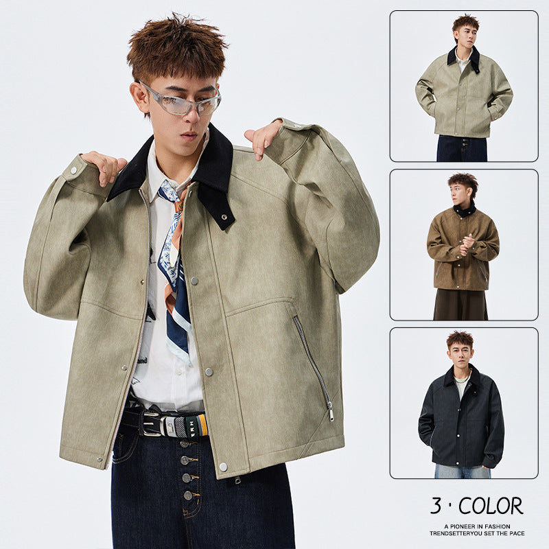 Large Size Men's PU Leather Coat Polo Collar Jacket