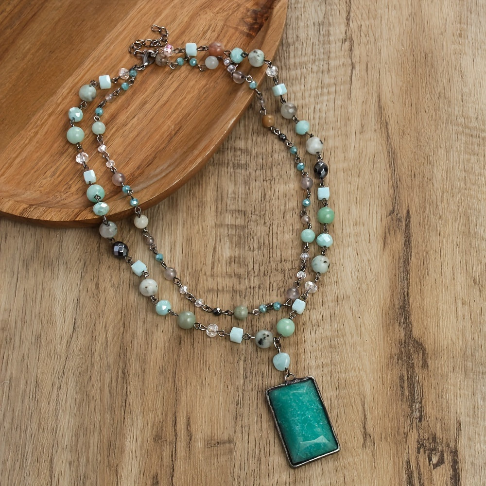 Natural Stone Glass Curved Needle Gun Black Chain 2-layer Necklace Square Cut Stone