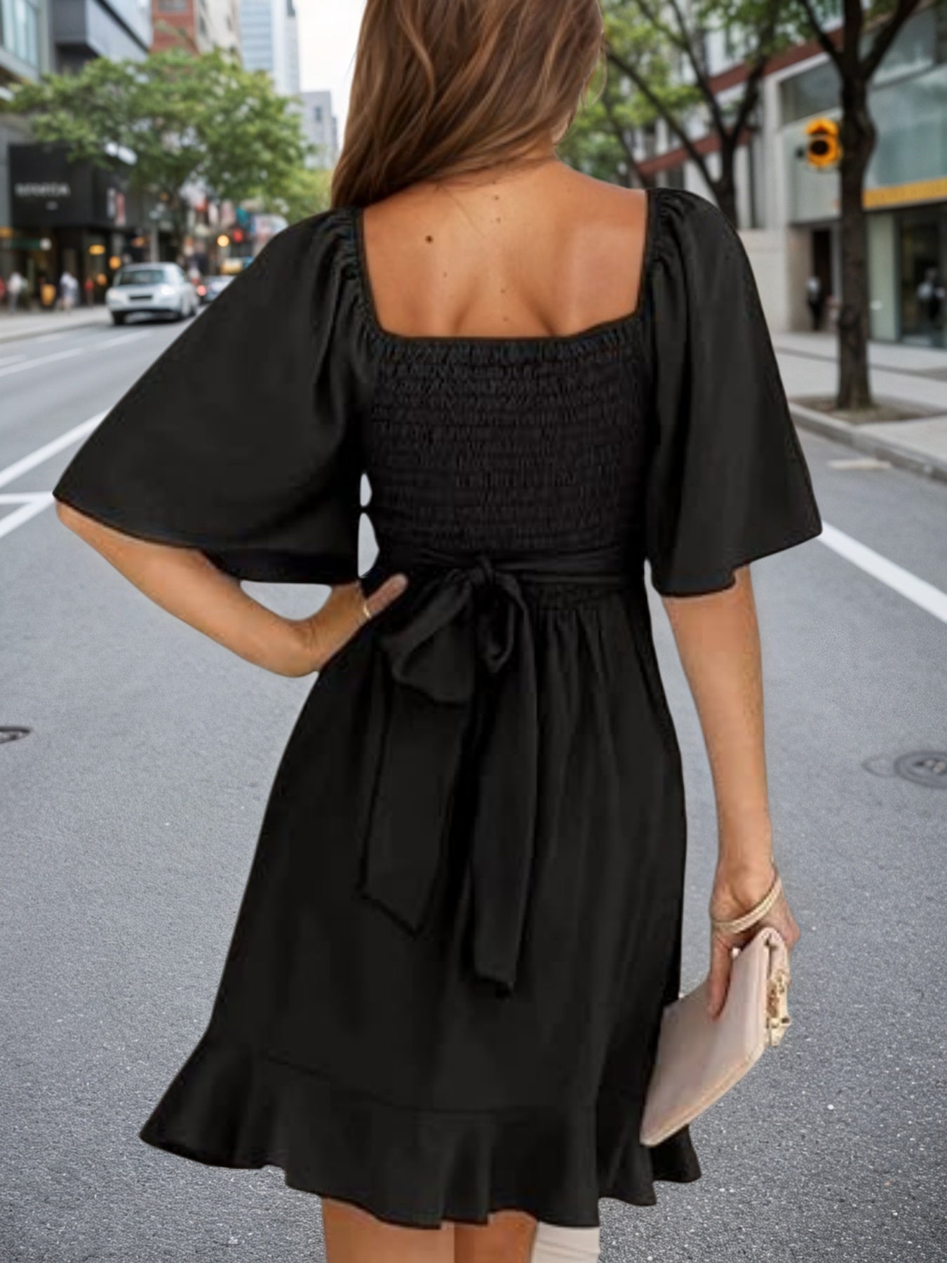 Lightweight Black Ruffled Hem Dress  Women's Flowy Mini Dress For Spring Summer Vacation
