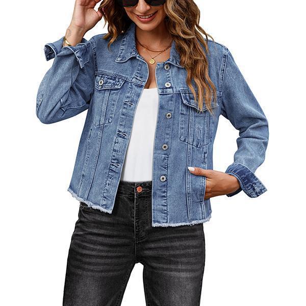 Female Solid Color Casual Embossed Denim Jacket Button Top