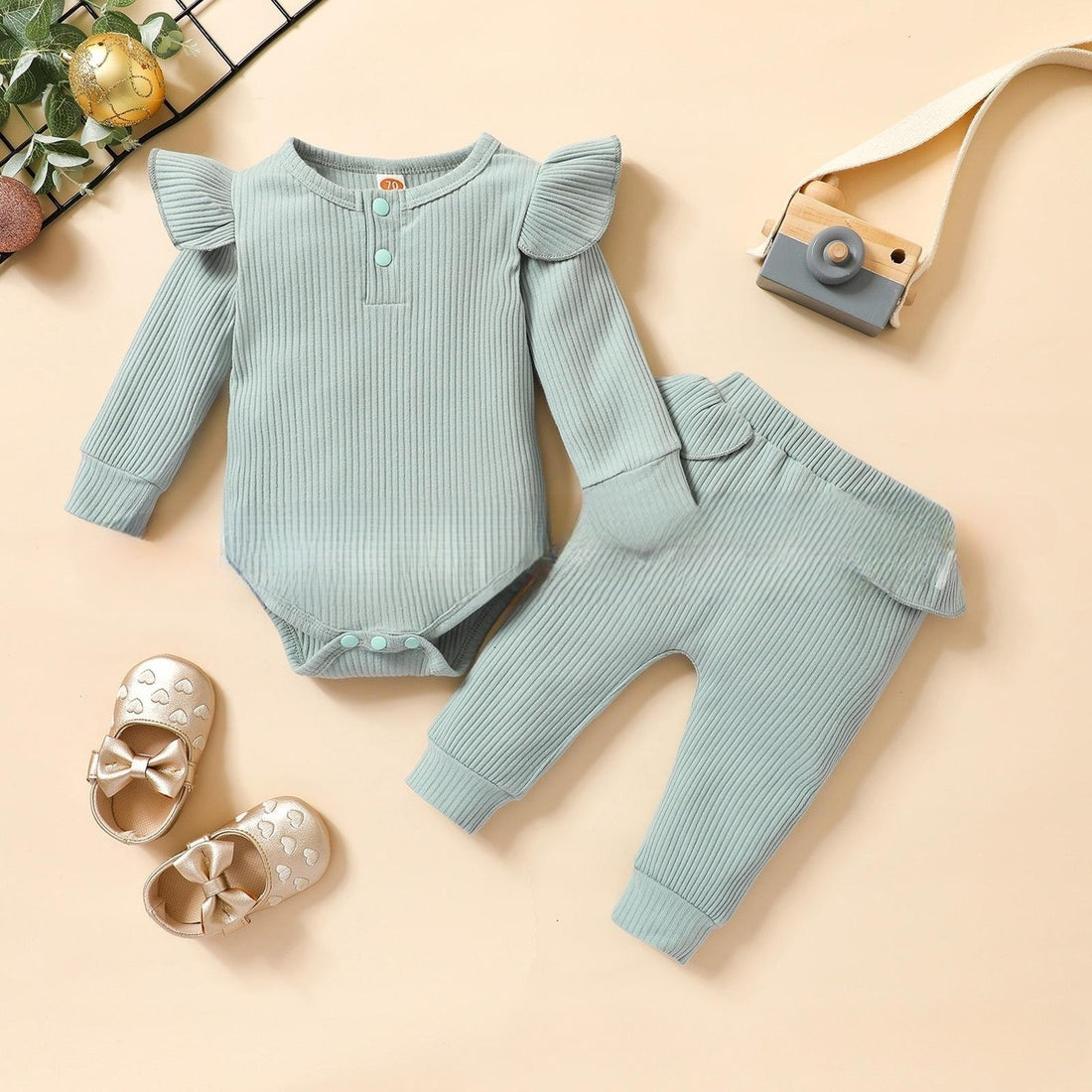 Girls' Solid Color Flounced Sleeve Romper Two-piece Cotton Clothing