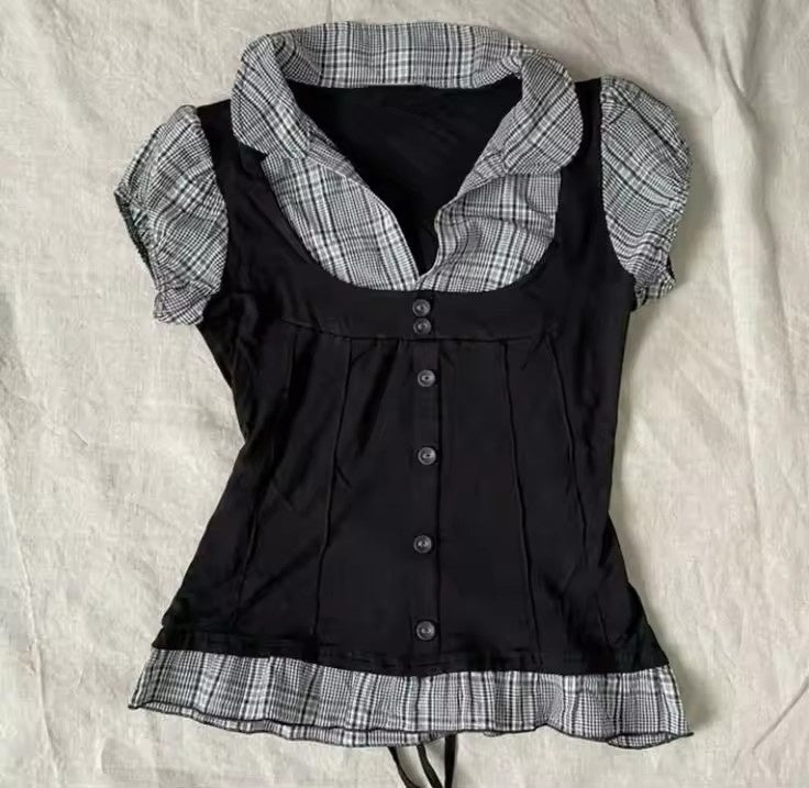 Graceful Collar Lapel Pleated Single-breasted Slim Fitted Waist Striped Solid Color Shirt