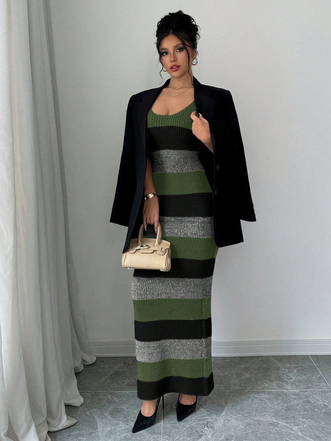 Striped Contrast Color Suspender U-neck Dress Long Knitted Dress