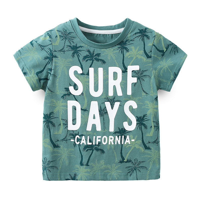 Boys Summer Short-Sleeved T-shirt Summer Children's Clothing Korean Baby Children Green Round Neck T-shirt