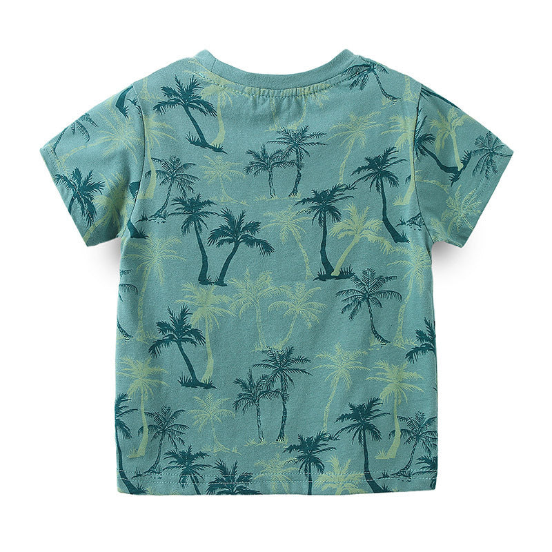 Boys Summer Short-Sleeved T-shirt Summer Children's Clothing Korean Baby Children Green Round Neck T-shirt