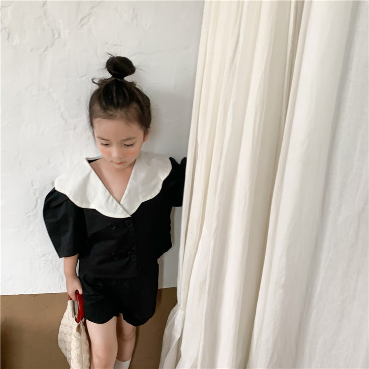 Korean Children's Clothing Girls Summer Double-breasted Mori Solid Color Shirt Wide-leg Five-point Pants Suit Middle And Small Children Two-piece