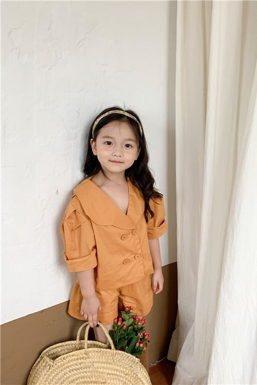 Korean Children's Clothing Girls Summer Double-breasted Mori Solid Color Shirt Wide-leg Five-point Pants Suit Middle And Small Children Two-piece