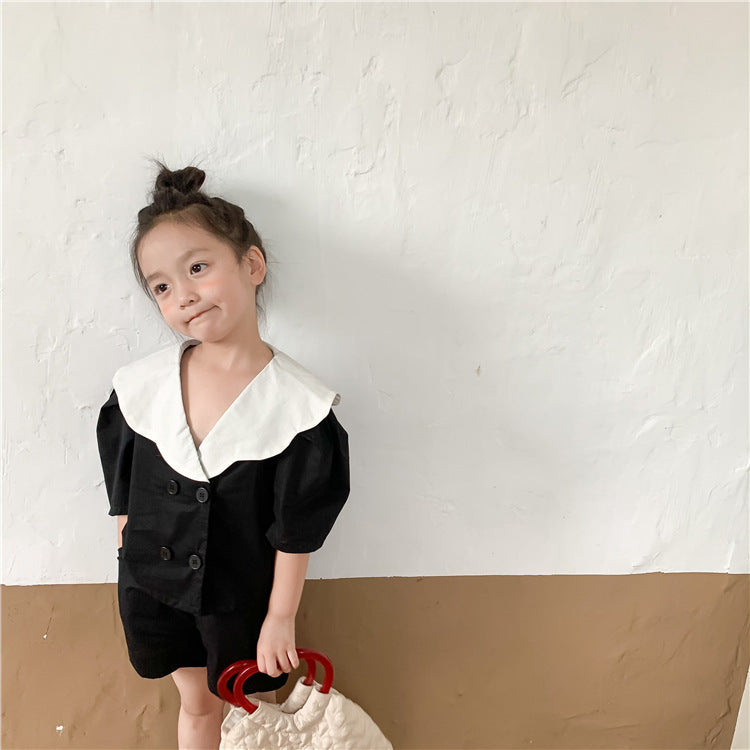 Korean Children's Clothing Girls Summer Double-breasted Mori Solid Color Shirt Wide-leg Five-point Pants Suit Middle And Small Children Two-piece