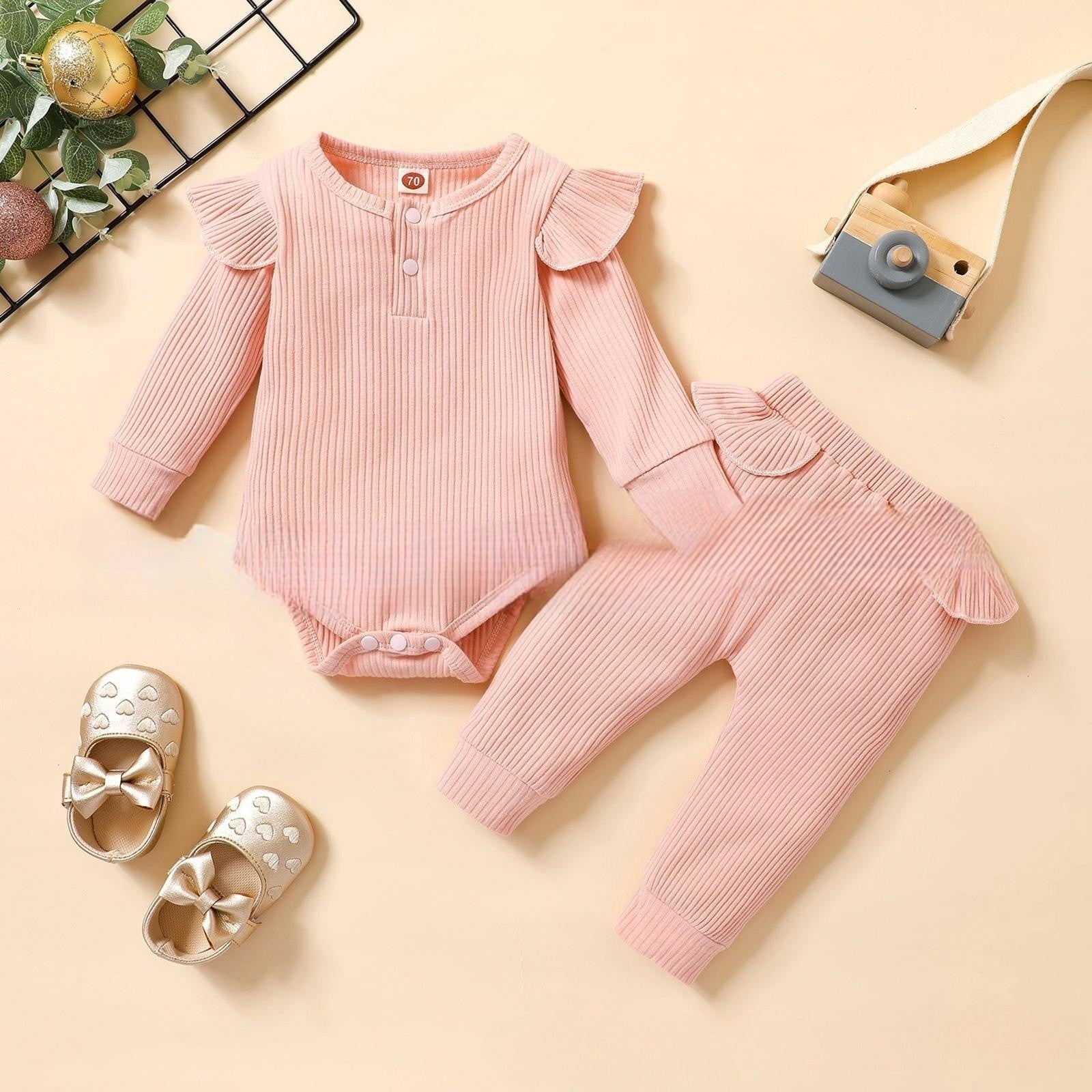Girls' Solid Color Flounced Sleeve Romper Two-piece Cotton Clothing