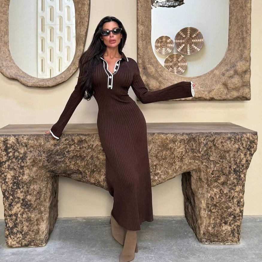 Women's Long-sleeved Lapel Contrast Color Knitted Fallwinter Sweater Dress