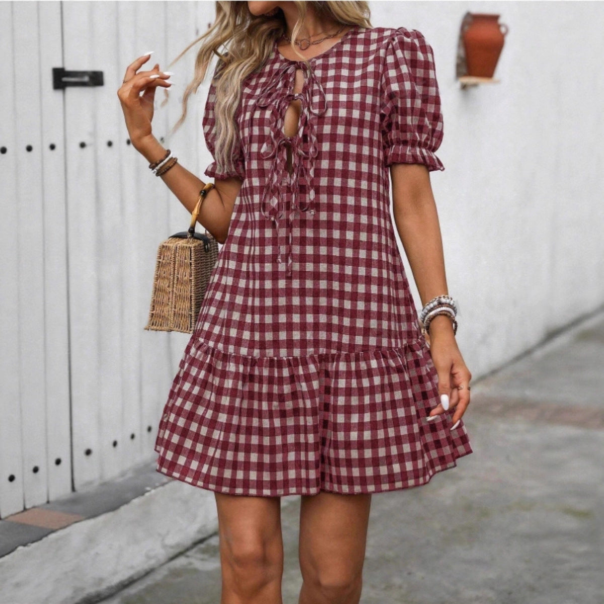 Plaid Drawstring Puff Sleeve Bohemian Dress