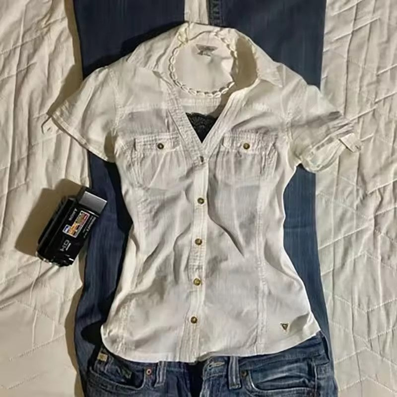 Graceful Collar Lapel Pleated Single-breasted Slim Fitted Waist Striped Solid Color Shirt