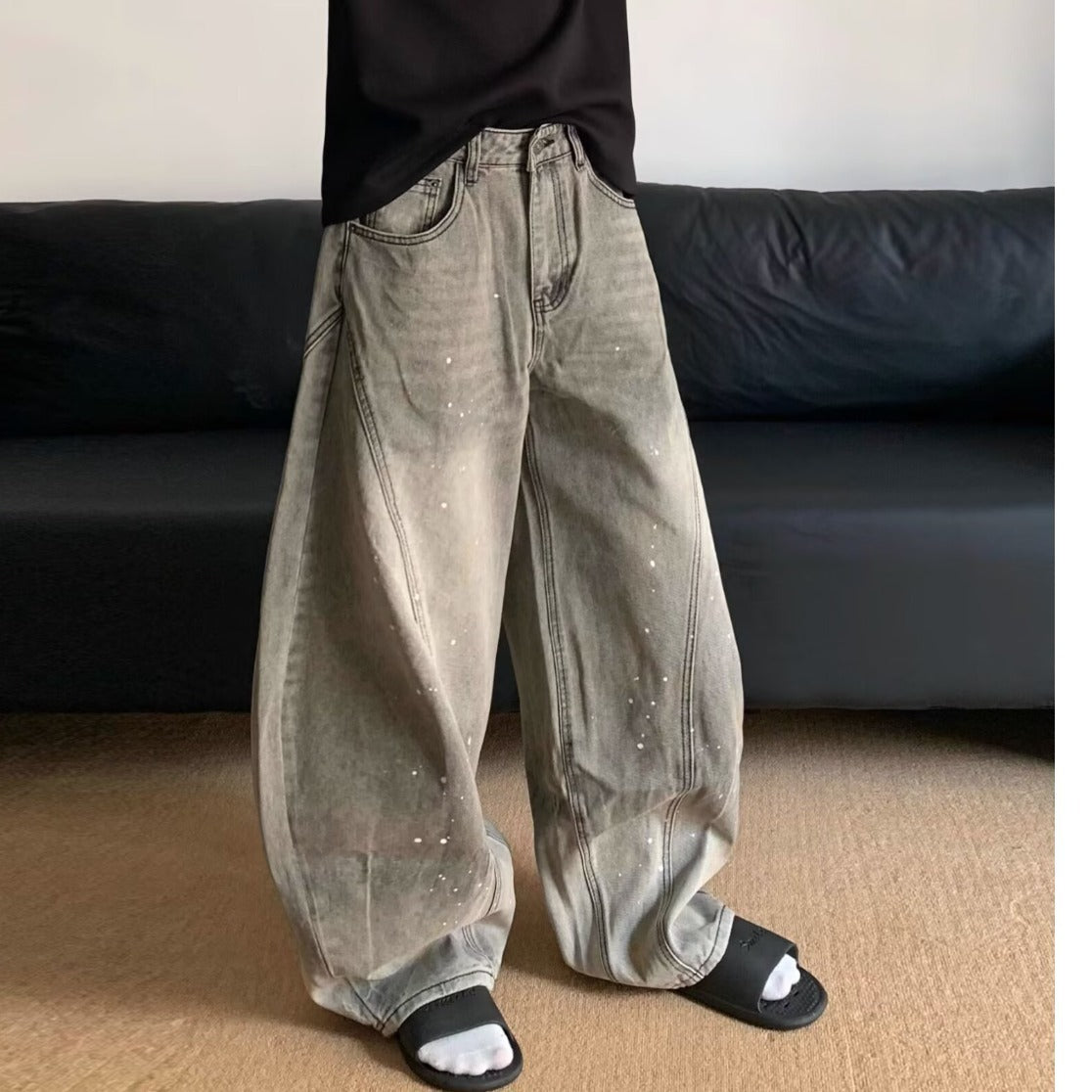 Retro Washed Smoky Gray Splash-ink Jeans For Men