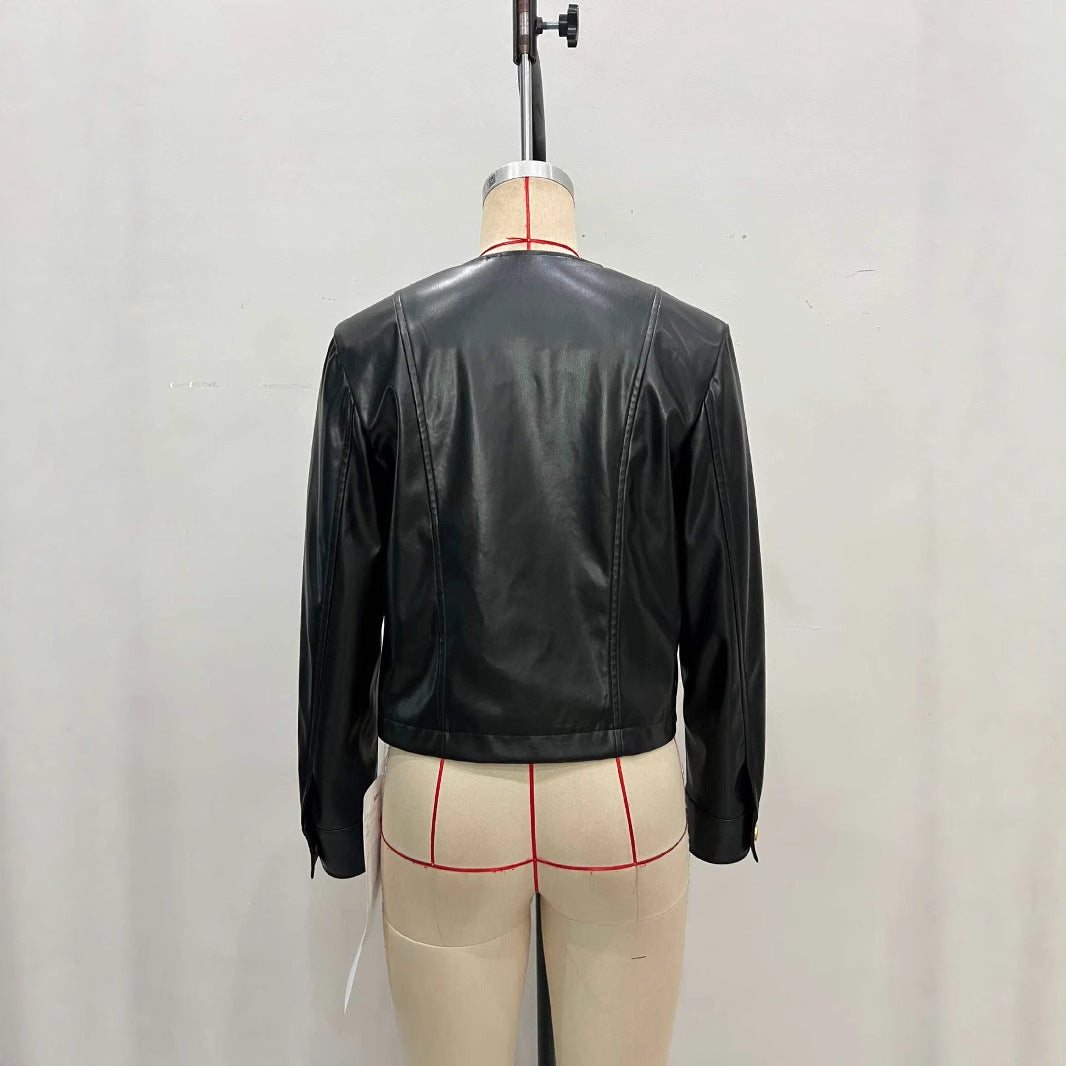 Round Neck Metal Buckle Embellished Short PU Leather Jacket